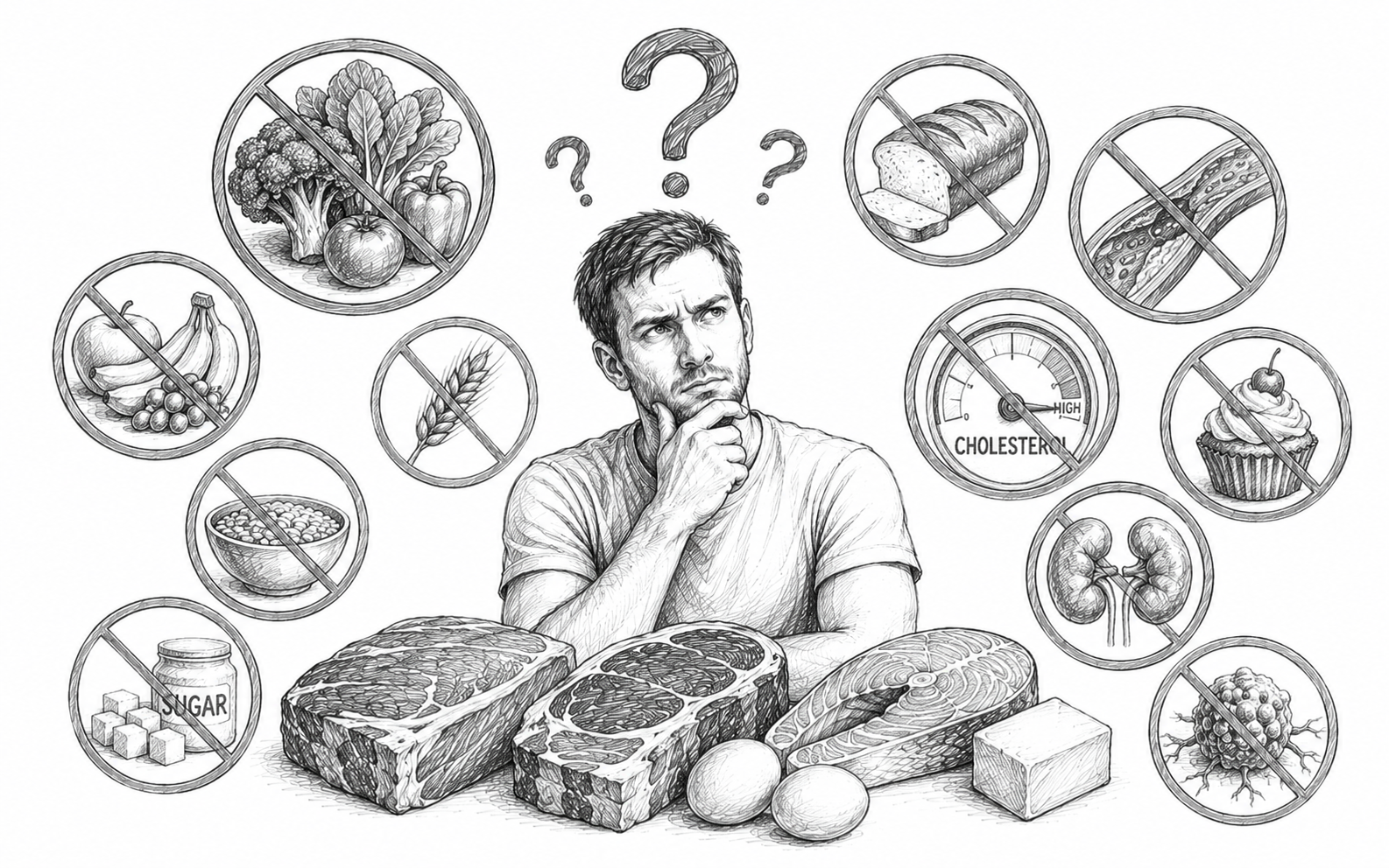 Человек размышляет о мифах вокруг карнивор-диеты на фоне мяса, яиц и перечёркнутых продуктов