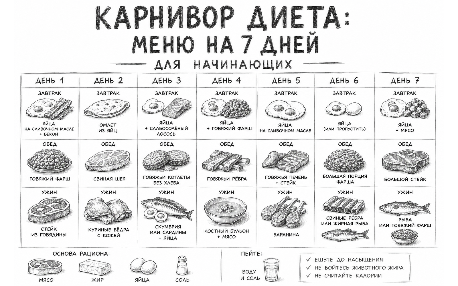 Инфографика меню карнивор диеты на 7 дней для начинающих