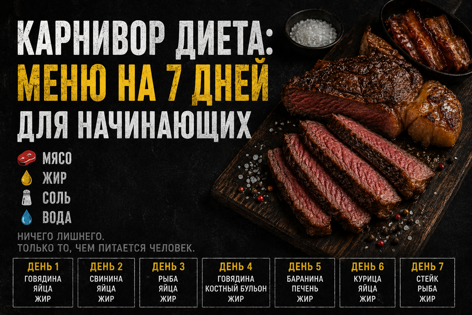 Распечатка меню карнивор диеты на 7 дней с мясом, жиром, солью и водой