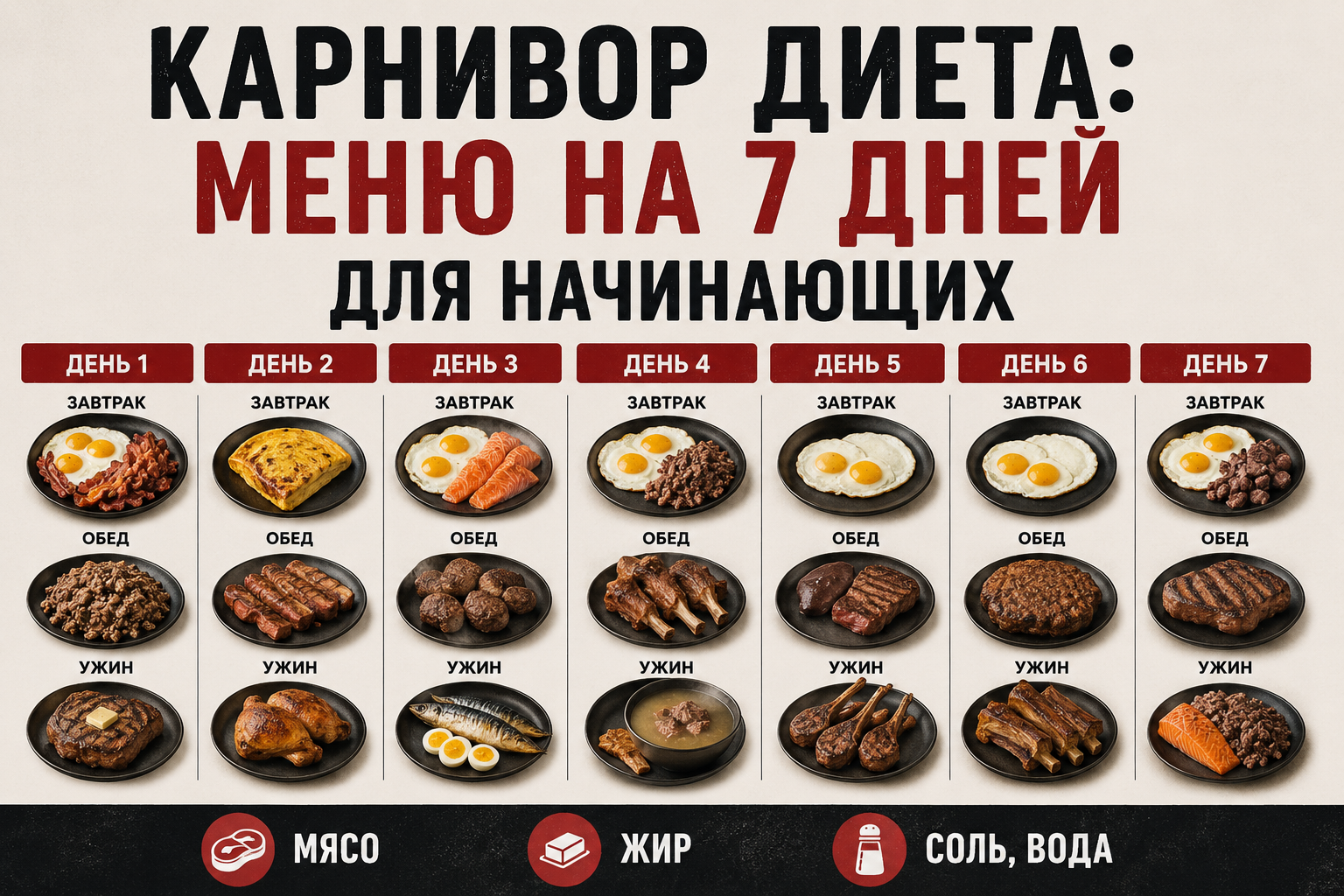 Распечатка меню карнивор диеты на 7 дней с блюдами по дням